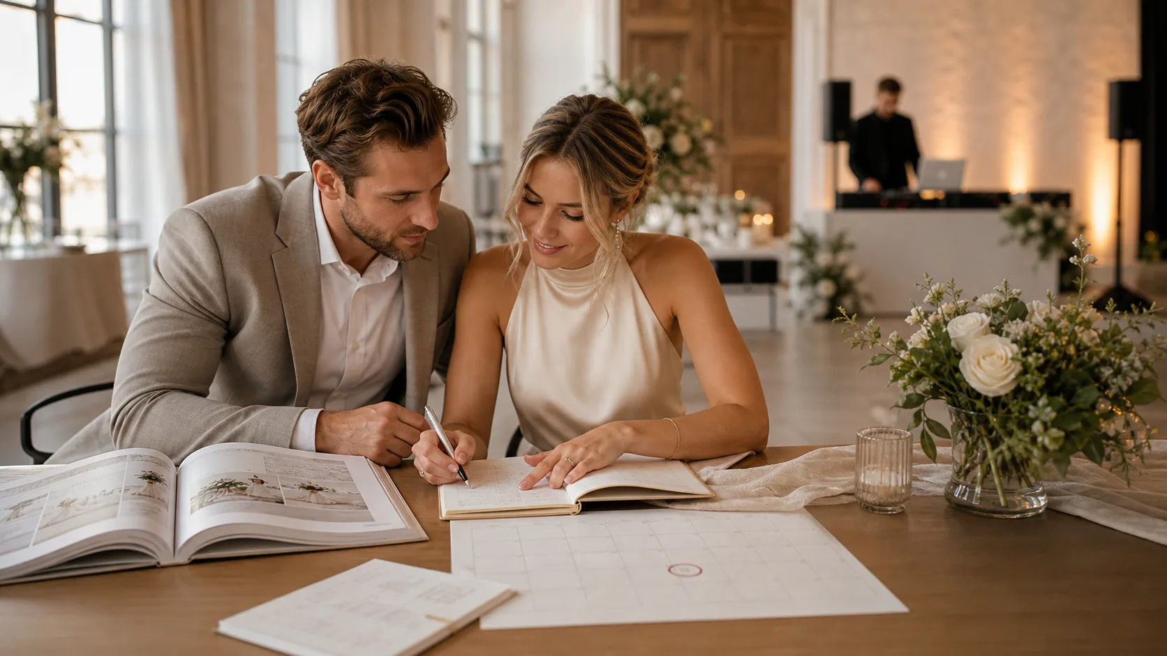 Brautpaar plant den Hochzeitstag an einem Tisch, während im Hintergrund ein DJ-Pult aufgebaut ist