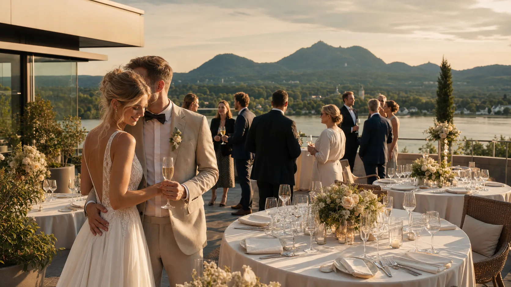 Elegante Hochzeit am Rhein bei Bonn mit Blick auf das Siebengebirge