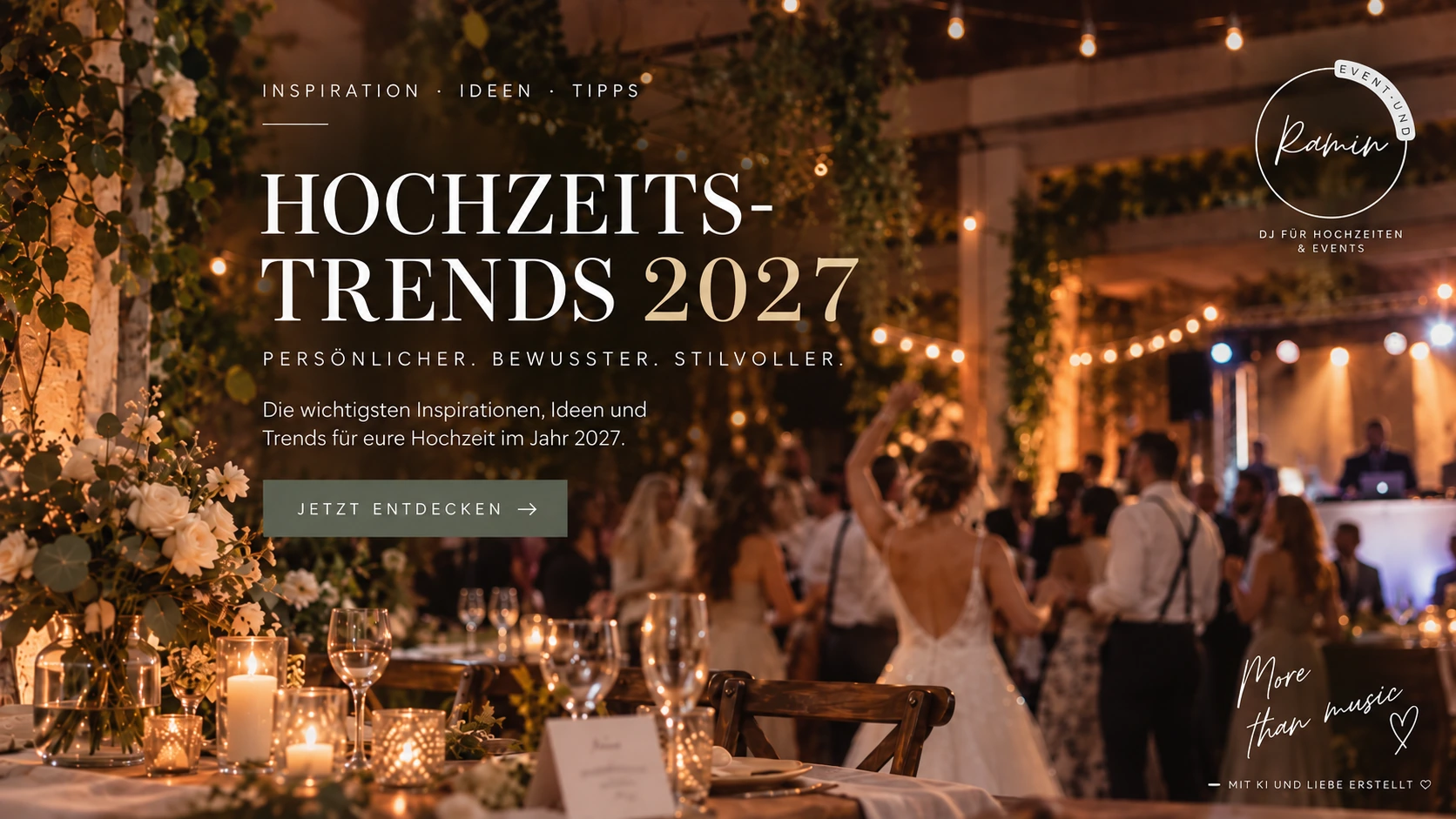 KI-generierte Visualisierung einer warm beleuchteten Hochzeitsfeier zu den Hochzeitstrends 2027